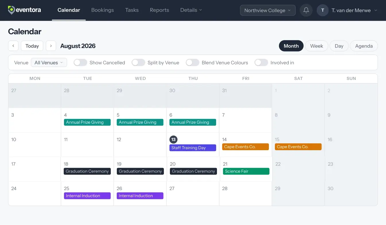 Eventora calendar view showing colour-coded venue bookings for August 2026